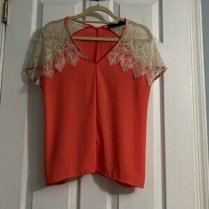Boutique Coral and Lace Trimmed Top